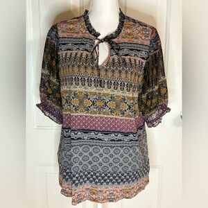 Lucky Brand Patterned Tie-Neck Peasant Blouse size L NWT